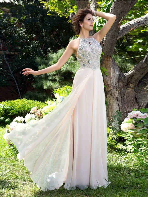 A-Line/Princess Spaghetti Straps Beading Sleeveless Long Chiffon Party Dresses Formal Dresses