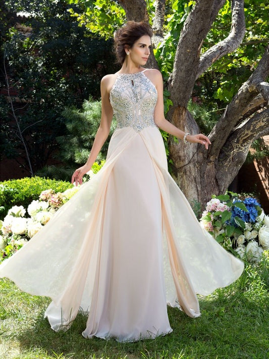 A-Line/Princess Spaghetti Straps Beading Sleeveless Long Chiffon Party Dresses Formal Dresses