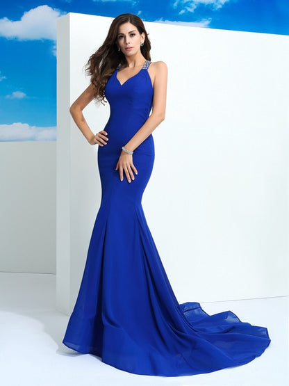 Sheath/Column Straps Beading Sleeveless Long Chiffon Party Dresses Formal Dresses