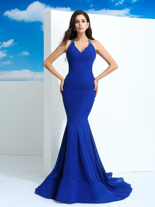 Sheath/Column Straps Beading Sleeveless Long Chiffon Party Dresses Formal Dresses