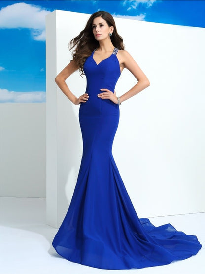 Sheath/Column Straps Beading Sleeveless Long Chiffon Party Dresses Formal Dresses