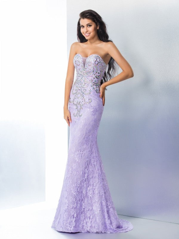 Trumpet/Mermaid Sweetheart Beading Sleeveless Long Lace Dresses
