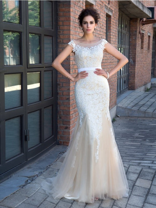 Trumpet/Mermaid Sheer Neck Applique Short Sleeves Long Net Party Dresses Formal Dresses