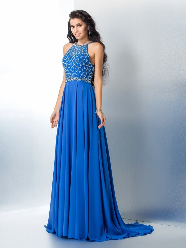 A-Line/Princess Scoop Beading Long Sleeveless Chiffon Dresses
