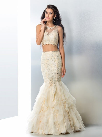 Trumpet/Mermaid Sheer Neck Beading Sleeveless Long Tulle Two Piece Dresses