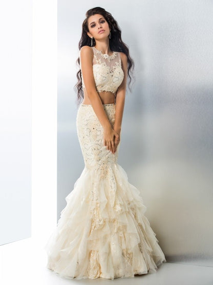 Trumpet/Mermaid Sheer Neck Beading Sleeveless Long Tulle Two Piece Dresses