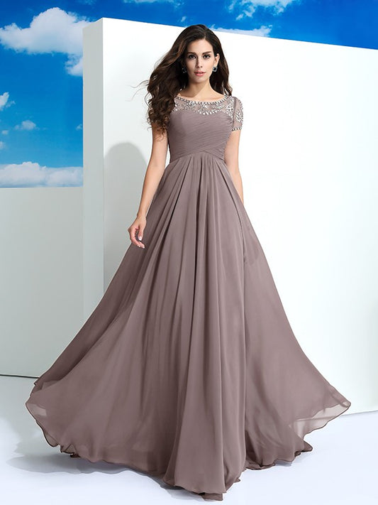 A-Line/Princess Sheer Neck Beading Short Sleeves Long Chiffon Party Dresses Formal Dresses