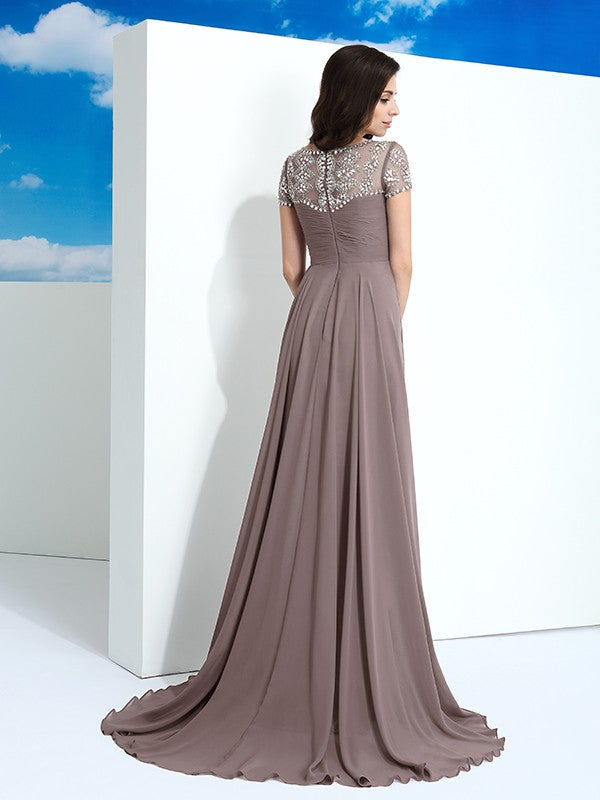 A-Line/Princess Sheer Neck Beading Short Sleeves Long Chiffon Party Dresses Formal Dresses