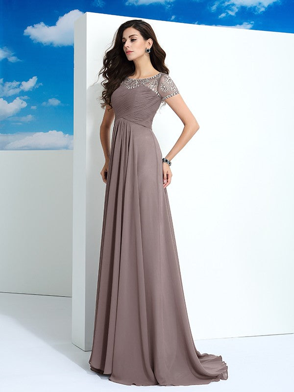 A-Line/Princess Sheer Neck Beading Short Sleeves Long Chiffon Party Dresses Formal Dresses