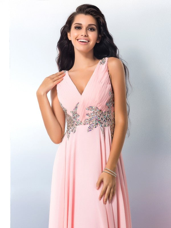 A-Line/Princess V-neck Beading Sleeveless Long Chiffon Dresses
