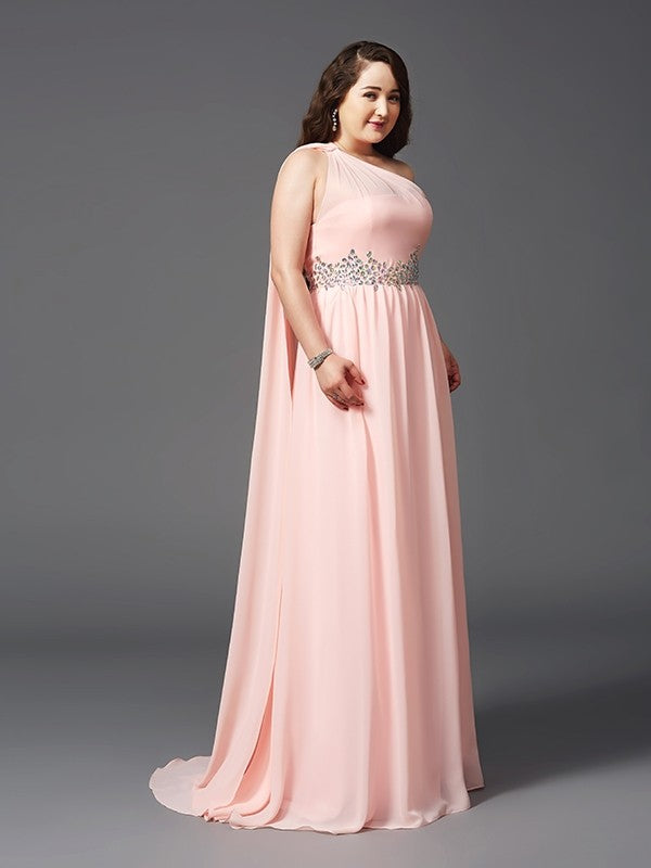 A-Line/Princess One-Shoulder Rhinestone Sleeveless Long Chiffon Plus Size Dresses