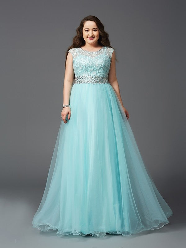 A-Line/Princess Scoop Rhinestone Sleeveless Long Tulle Plus Size Floor Length Dresses
