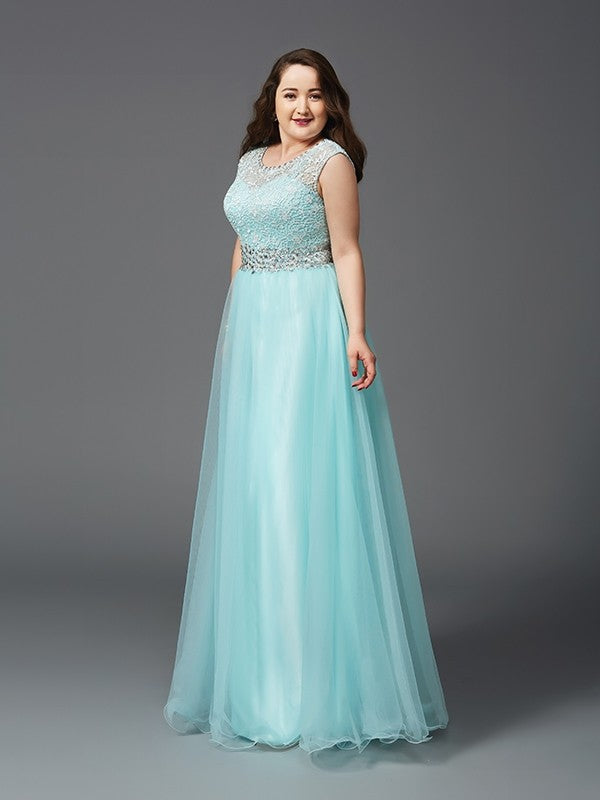 A-Line/Princess Scoop Rhinestone Sleeveless Long Tulle Plus Size Floor Length Dresses
