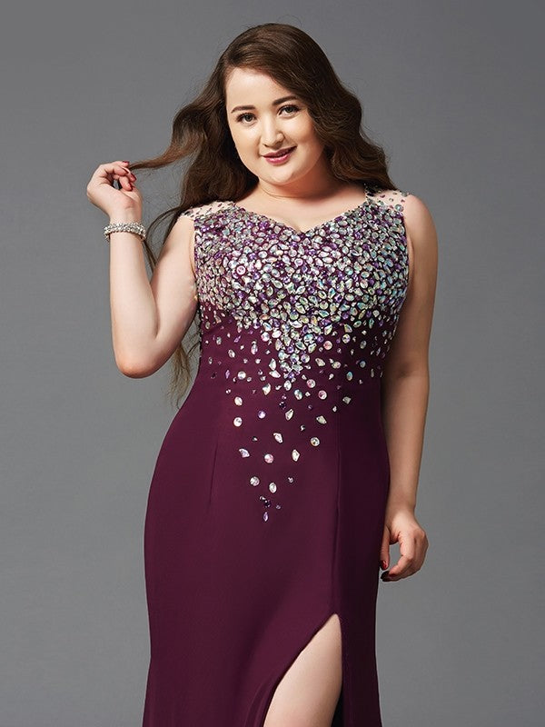 Sheath/Column Straps Rhinestone Sleeveless Long Chiffon Plus Size Dresses