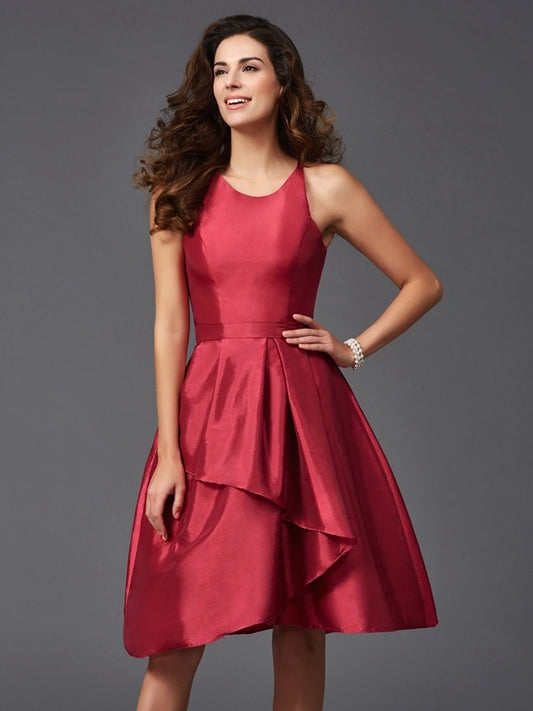 A-Line/Princess Scoop Ruffles Sleeveless Short Satin Bridesmaid Dresses