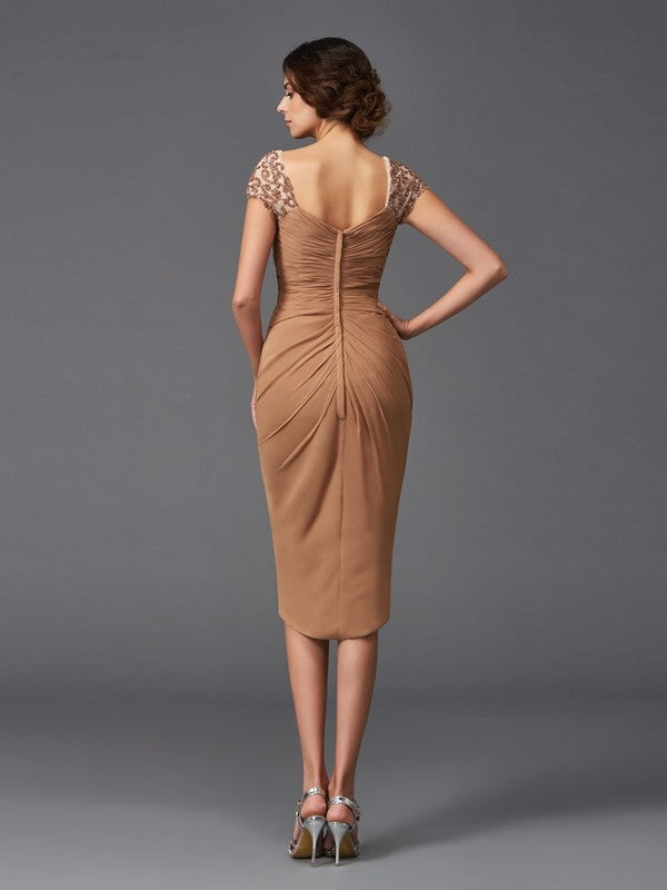 Sheath/Column Sweetheart Applique Short Sleeves High Low Chiffon Cocktail Dresses Homecoming Dresses