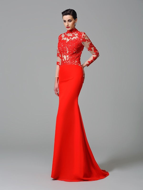 Trumpet/Mermaid High Neck Applique Long Sleeves Long Chiffon Dresses