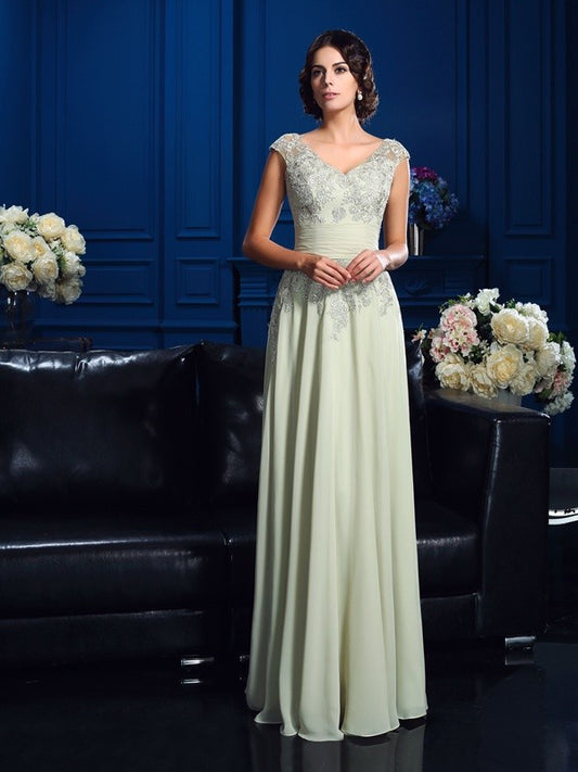 A-Line/Princess V-neck Applique Sleeveless Long Chiffon Mother of the Bride Dresses