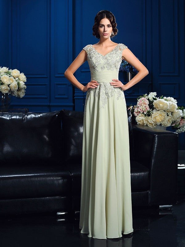 A-Line/Princess V-neck Applique Sleeveless Long Chiffon Mother of the Bride Dresses