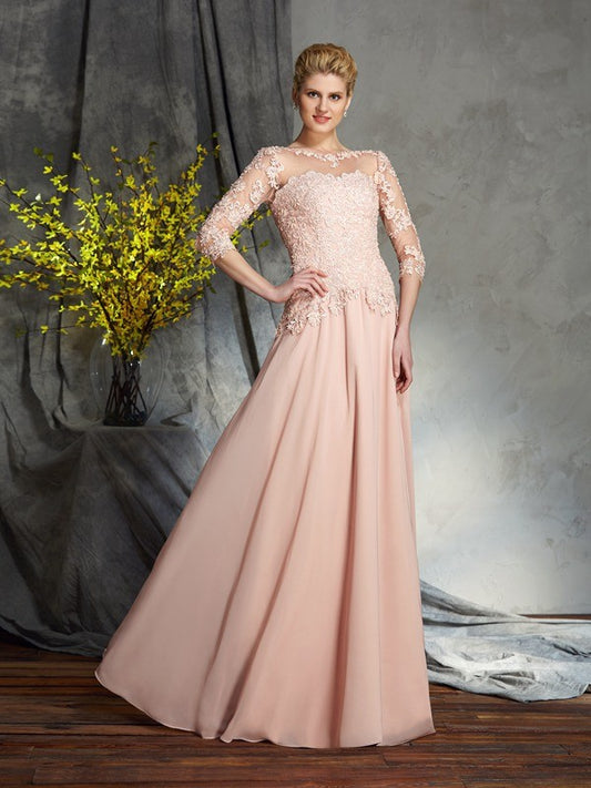 A-Line/Princess Scoop Applique 3/4 Sleeves Long Chiffon Mother of the Bride Dresses