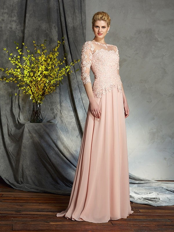 A-Line/Princess Scoop Applique 3/4 Sleeves Long Chiffon Mother of the Bride Dresses