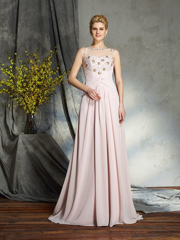 A-Line/Princess Bateau Applique Sleeveless Long Chiffon Mother of the Bride Dresses