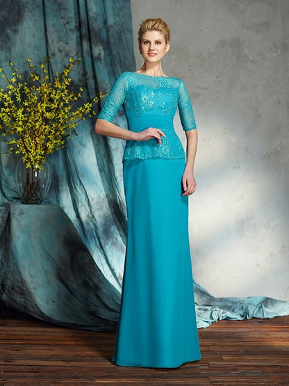 Sheath/Column Bateau Applique 1/2 Sleeves Long Chiffon Mother of the Bride Dresses