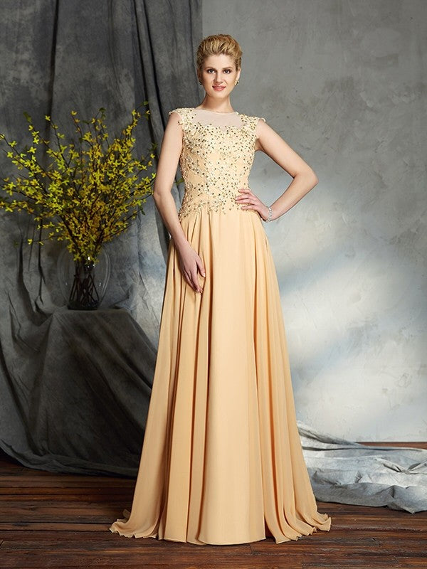 A-Line/Princess Scoop Applique Sleeveless Long Chiffon Mother of the Bride Dresses