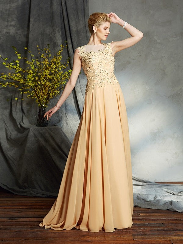 A-Line/Princess Scoop Applique Sleeveless Long Chiffon Mother of the Bride Dresses