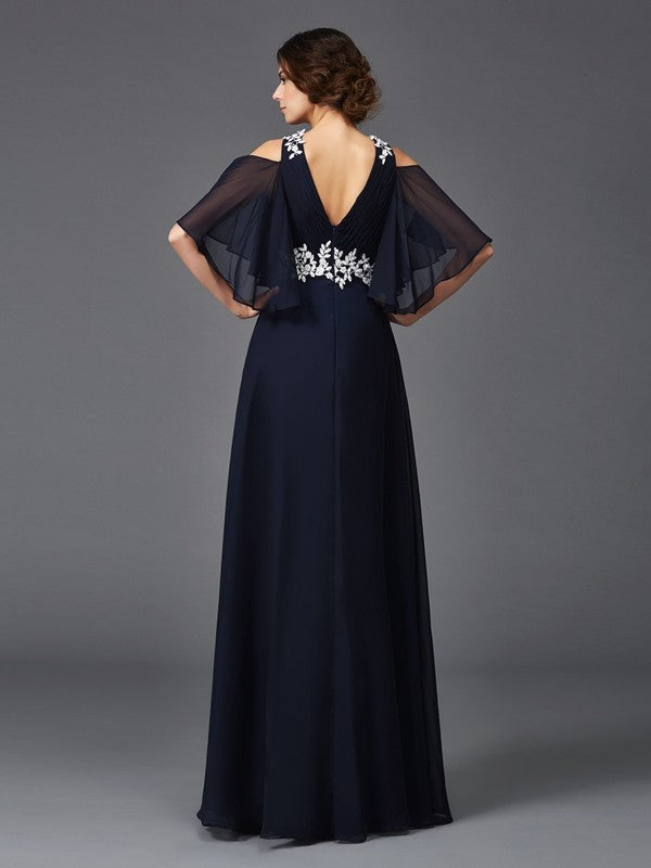 A-Line/Princess Straps Applique 1/2 Sleeves Long Chiffon Mother of the Bride Dresses