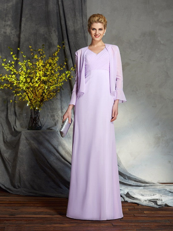 Sheath/Column V-neck Applique Sleeveless Long Chiffon Mother of the Bride Dresses