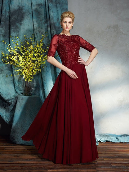 A-Line/Princess Bateau Applique 1/2 Sleeves Long Chiffon Mother of the Bride Dresses