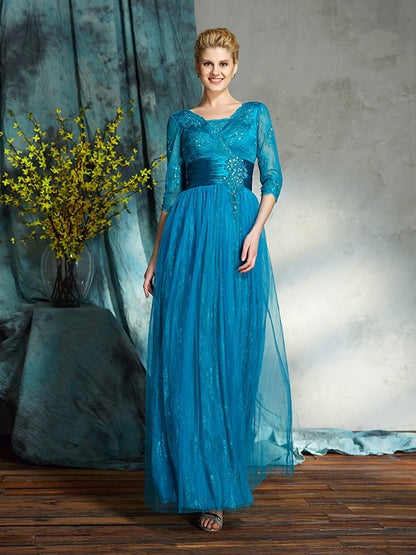 A-Line/Princess V-neck Applique 3/4 Sleeves Long Net Mother of the Bride Dresses