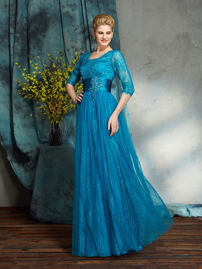 A-Line/Princess V-neck Applique 3/4 Sleeves Long Net Mother of the Bride Dresses