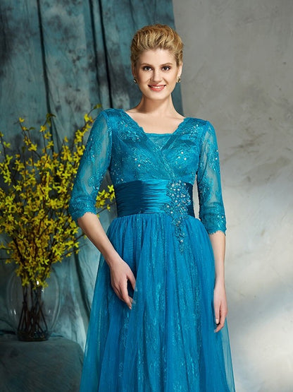 A-Line/Princess V-neck Applique 3/4 Sleeves Long Net Mother of the Bride Dresses