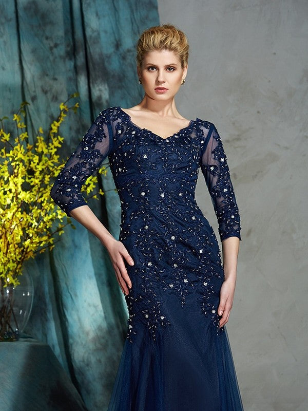 Sheath/Column V-neck Applique 3/4 Sleeves Long Net Mother of the Bride Dresses