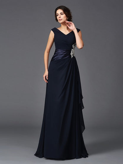 A-Line/Princess V-neck Applique Sleeveless Long Chiffon Mother of the Bride Dresses