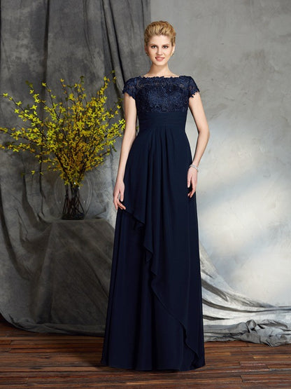 A-Line/Princess Bateau Applique Short Sleeves Long Chiffon Mother of the Bride Dresses