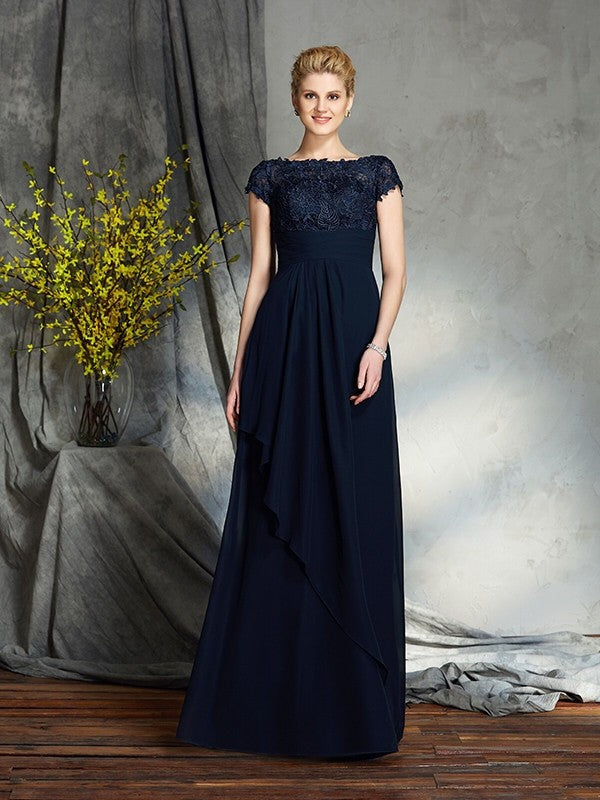 A-Line/Princess Bateau Applique Short Sleeves Long Chiffon Mother of the Bride Dresses