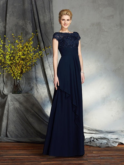 A-Line/Princess Bateau Applique Short Sleeves Long Chiffon Mother of the Bride Dresses