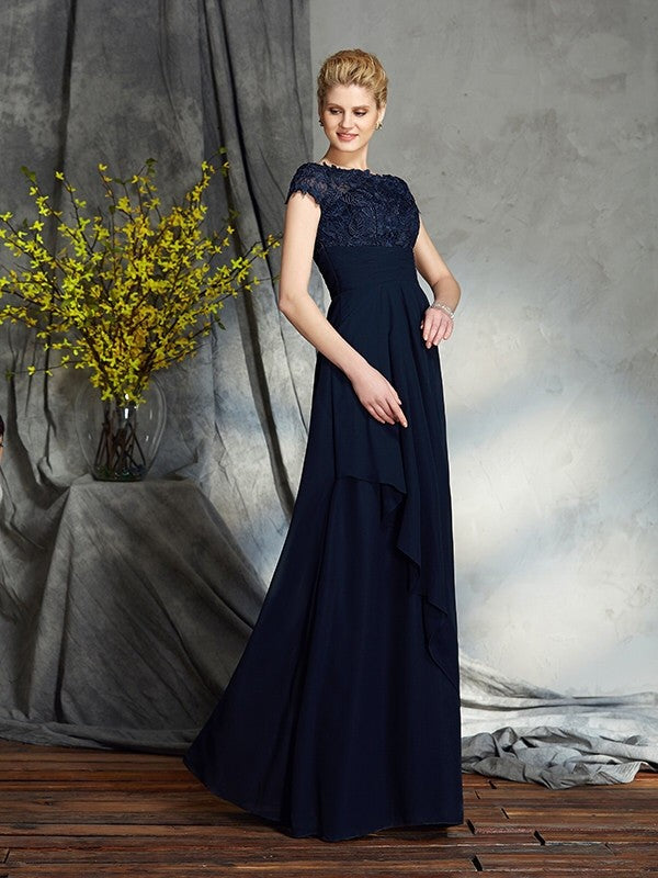 A-Line/Princess Bateau Applique Short Sleeves Long Chiffon Mother of the Bride Dresses