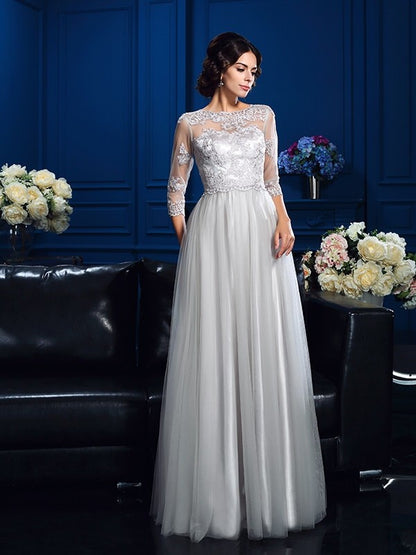 A-Line/Princess Scoop Applique 3/4 Sleeves Long Elastic Woven Satin Mother of the Bride Dresses