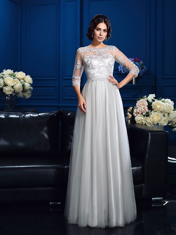 A-Line/Princess Scoop Applique 3/4 Sleeves Long Elastic Woven Satin Mother of the Bride Dresses