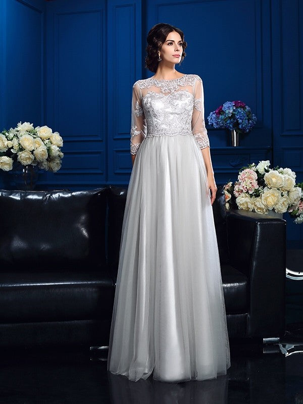 A-Line/Princess Scoop Applique 3/4 Sleeves Long Elastic Woven Satin Mother of the Bride Dresses