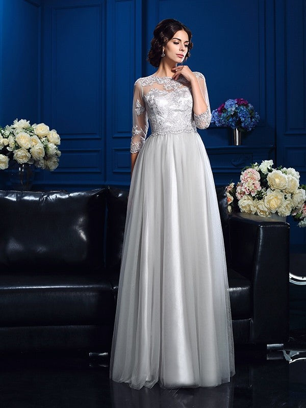 A-Line/Princess Scoop Applique 3/4 Sleeves Long Elastic Woven Satin Mother of the Bride Dresses