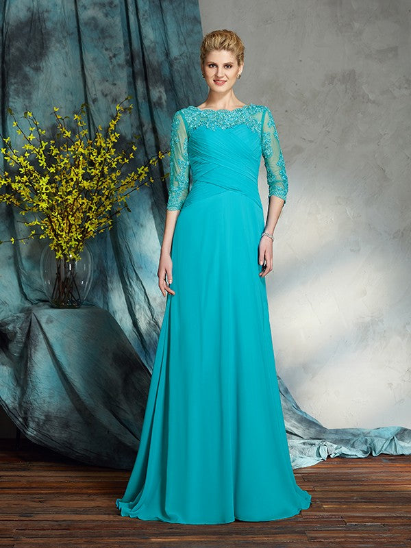 A-Line/Princess Bateau Applique 3/4 Sleeves Long Chiffon Mother of the Bride Dresses