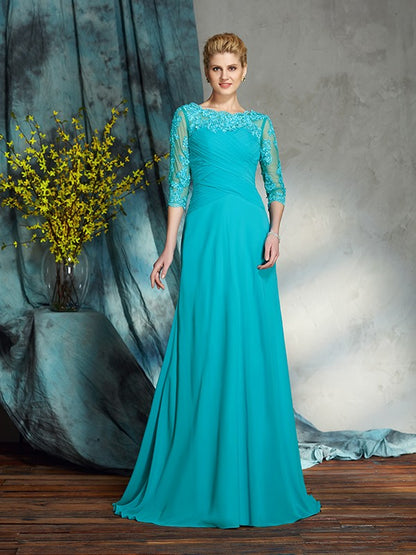 A-Line/Princess Bateau Applique 3/4 Sleeves Long Chiffon Mother of the Bride Dresses