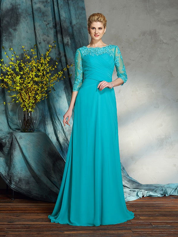 A-Line/Princess Bateau Applique 3/4 Sleeves Long Chiffon Mother of the Bride Dresses