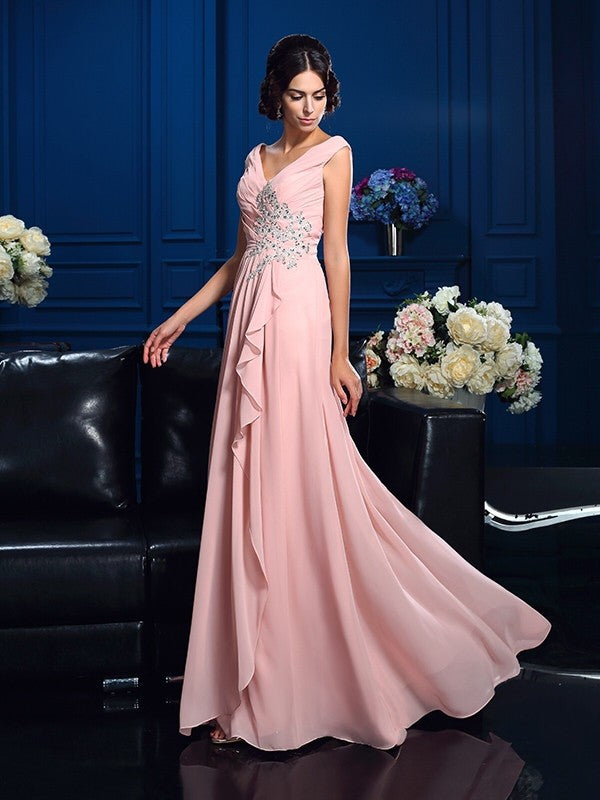 A-Line/Princess V-neck Beading Sleeveless Long Chiffon Mother of the Bride Dresses