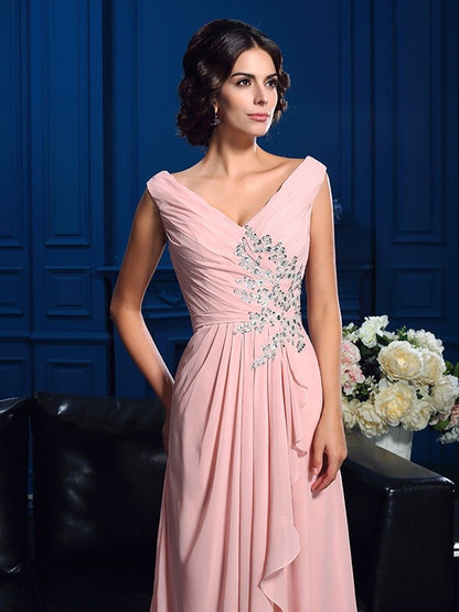 A-Line/Princess V-neck Beading Sleeveless Long Chiffon Mother of the Bride Dresses